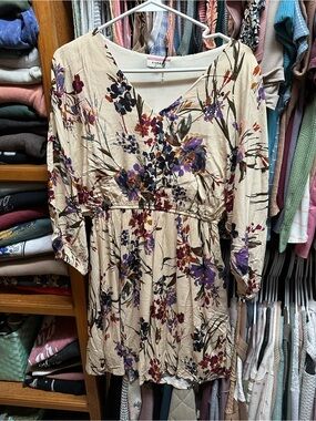 ANDREE BY UNIT Beige Floral Mini Dress with Purple & Burgundy Blossoms